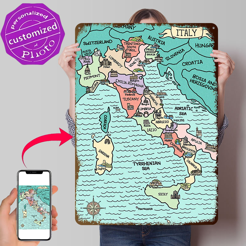 Custom Map Poster - Peta Italia Berwarna-warni dengan Tekstur 3D,